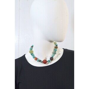 Semi-Precious Stones Turquoise, Carved Jade, Coral, Glass, Silver Bead Necklace